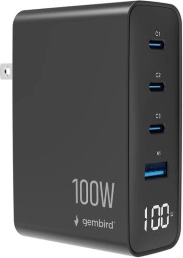 Gembird universele GaN-oplader 100 W met LCD, 3× USB-C en 1× USB-A, zwart