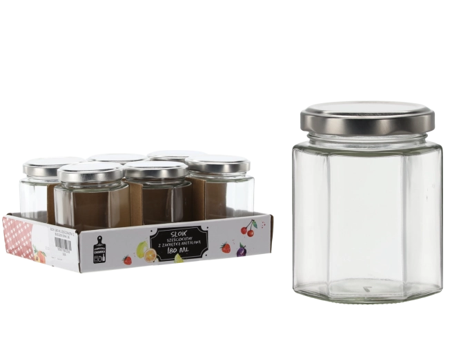 Zeskantige glazen pot 180 ml met metalen deksel