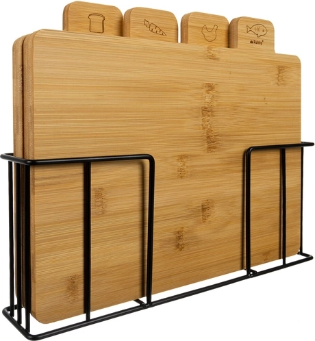 Set bamboe snijplanken RUHHY, 4 stuks met standaard
