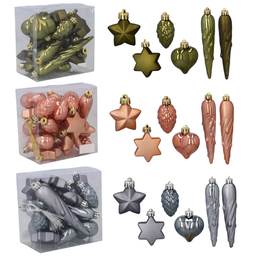 Set van 20 plastic kerstballen – olijfgroen, koper en grafiet, 4 cm