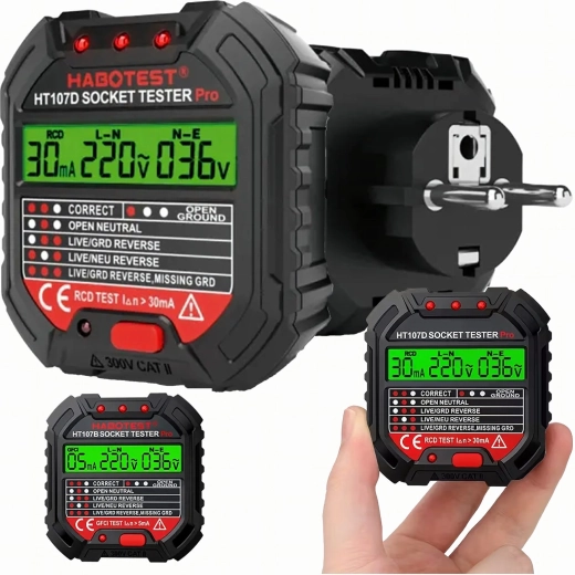 Stopcontactspanningsmeter met LCD en RCD-test HABOTEST HT107D