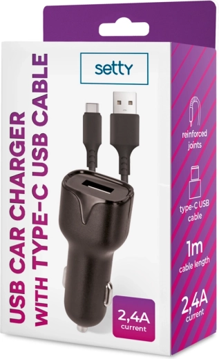 Setty autolader 1× USB 2,4 A zwart + USB‑C kabel 1 m