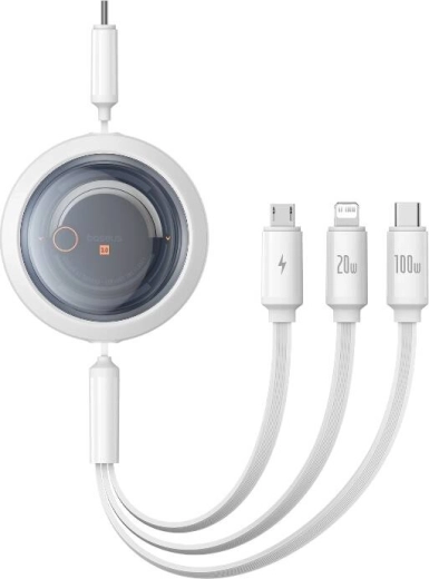Uitschuifbare snellaadkabel 3-in-1 BASEUS Free2Draw, USB‑C naar USB‑C/Lightning/Micro, 100W, 1,1 m, wit