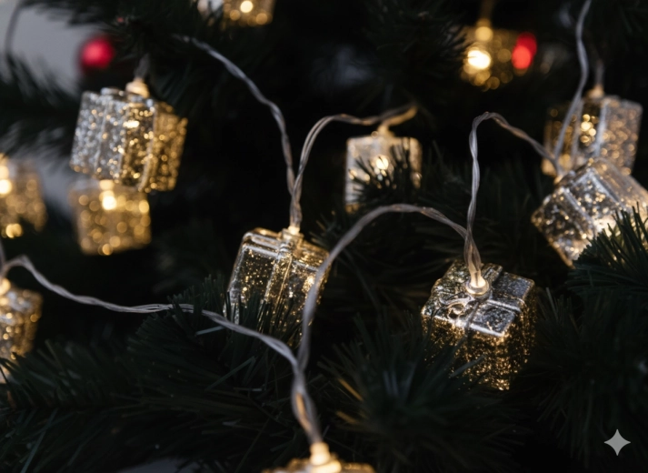 LED-lichtsnoer met zilveren cadeautjes, warm wit, 10 LED