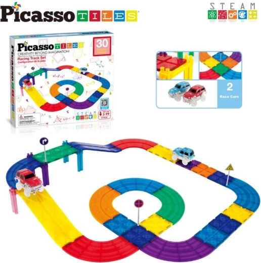 PicassoTiles magnetische bouwset racebaan met autootjes (30 stuks)