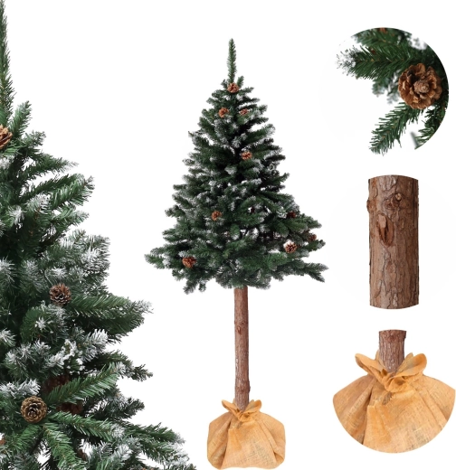 Kunstkerstboom op stam 150 cm diamantden met dennenappels, besneeuwd