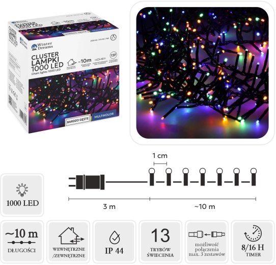 LED-clusterlichtsnoer met 1000 multicolor-leds, 10 m