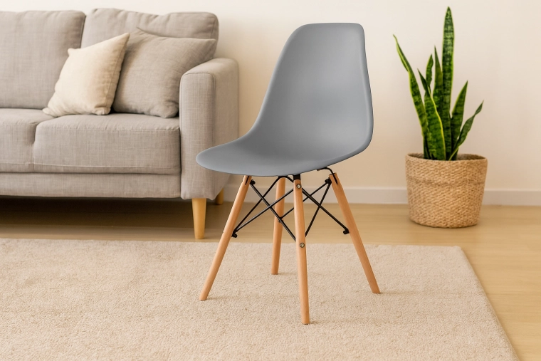 Moderne grijze eetkamerstoel op houten poten