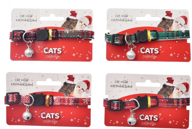Kerstkattenhalsband van polyester met bel (mix varianten)