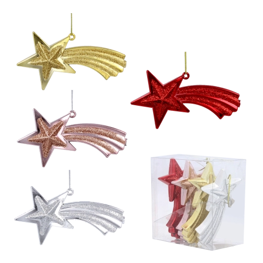 Set kerstornamenten vallende ster 11 cm – rood, goud, zilver en roze