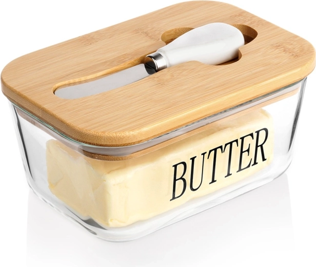 Glazen botervloot met bamboe deksel en botermesje