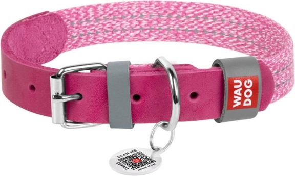 Hondenhalsband WAU DOG Classic M – roze leer en katoen