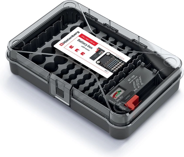 Batterijorganizer met tester, 29,5 × 19,5 × 7 cm