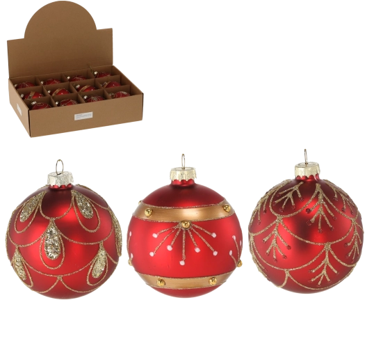 Glazen kerstbal rood met gouden decoraties 8 cm