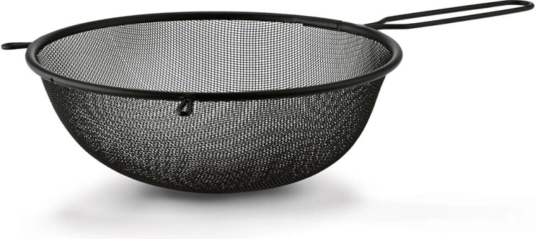 Zwarte metalen zeef met handvat 23 cm