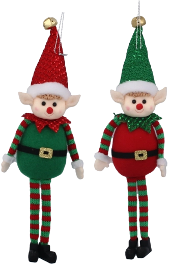 Kerstelf van vilt met glitters, hangend, 10 × 28 cm, rood-groen, set van 6 stuks