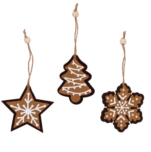 Vilten kerstornamenten in peperkoekvorm 6 × 7,5 cm, set van 12 stuks