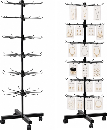 Draaibare displaystandaard met haken op wieltjes, 6 niveaus, zwart, 40 × 150 cm