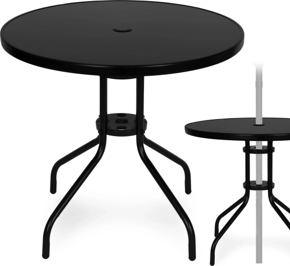 Ronde tuintafel 80 cm van gehard glas met parasolgat, zwart MultiGarden