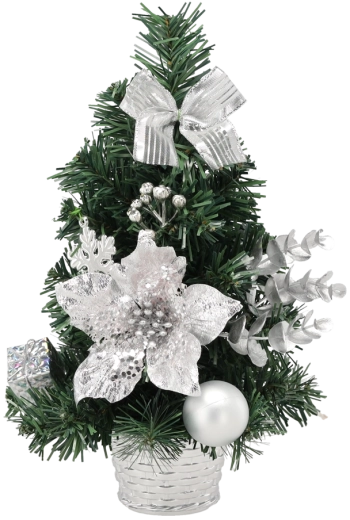 Zilveren kerstboompje 30 cm in bloempot met versieringen