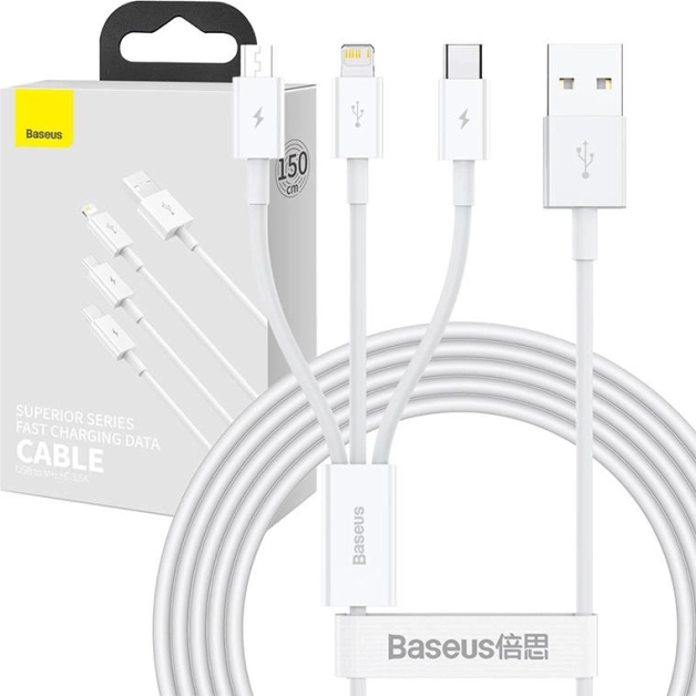 Oplaad- en datakabel 3-in-1 Baseus Superior, USB naar Micro USB / USB‑C / Lightning, 3,5 A, 1,5 m, wit