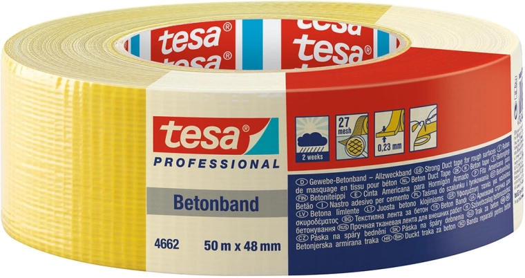 Textieltape TESA Betonband 48 mm × 50 m geel, extra kleefkrachtig, UV-bestendig 2 weken