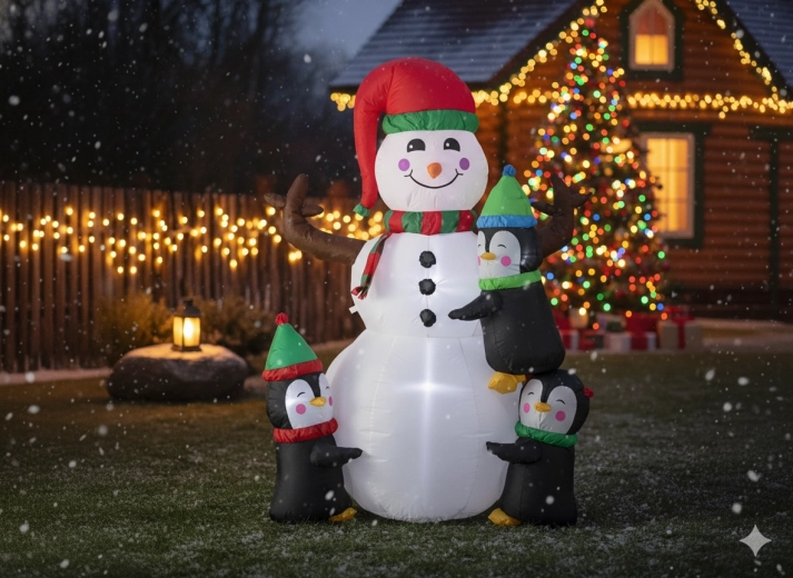 Opblaasbare sneeuwpop met pinguïns met LED-verlichting 190 cm