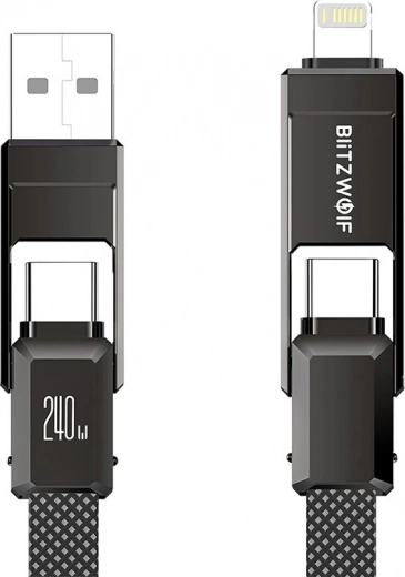 BlitzWolf 4-in-1 laad- en datakabel USB‑A/USB‑C/Lightning 240 W 1,2 m zwart