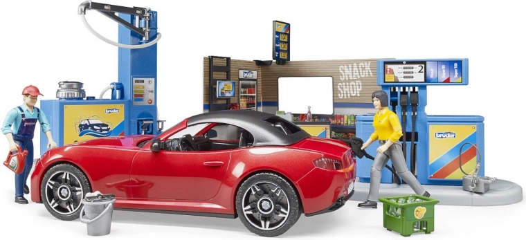 Bruder tankstation met sportauto en 2 figuren