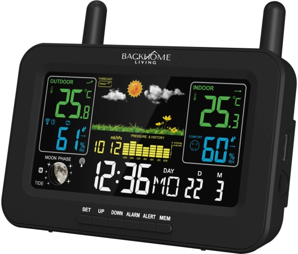 BackHome Living multifunctioneel weerstation RCC, netstroom- en batterijgevoed, zwart 16,5 × 4,5 × 13,5 cm
