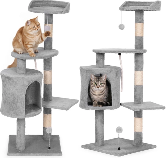 Krabpaal voor katten met huisje en ligmand 110 cm, grijs PETSI