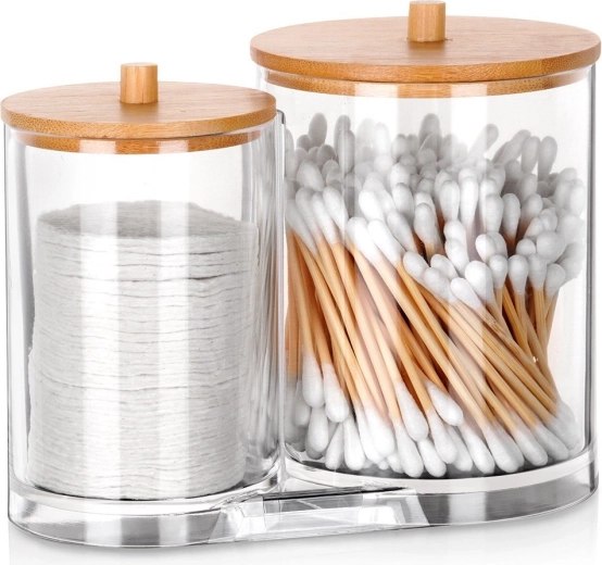 Dubbele organizer voor wattenstaafjes en wattenschijfjes met bamboe deksels