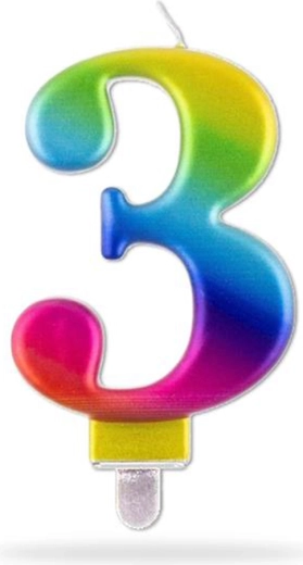 Verjaardagskaars cijfer 3, regenboog, 7,5 cm
