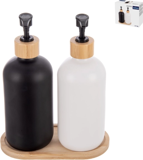 Badkamerset glas en bamboe 2+1 met dispensers