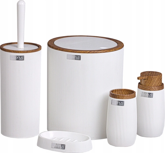 Ronde badkamer set 5 stuks wit met houtimitatie