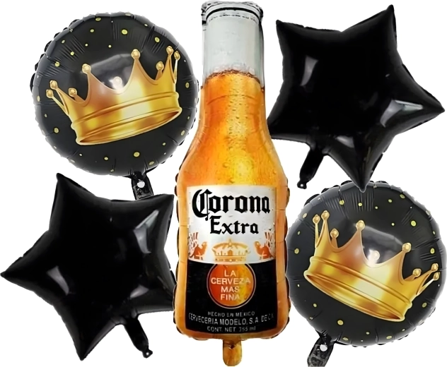 Set verjaardag ballonnen Corona – bierfles en kroontjes (5 stuks)