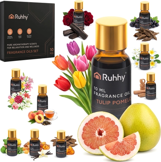 Geuroliën voor diffuser Ruhhy, set 10 × 10 ml + 2 druppelaars