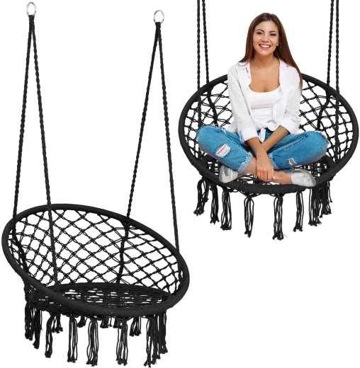 Hangende boho schommelstoel, zwart