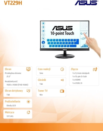 Monitor 21,5 inch FHD IPS Touchscreen 10P HDMI D-SUB USB Luidspreker