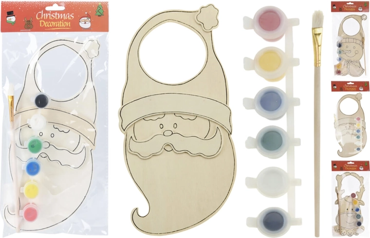 Kerstdeursieraad van hout om zelf in te kleuren, mix van motieven