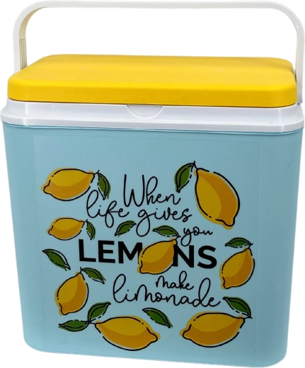 Toeristische koelbox 24 l Lemonade, lichtblauw met geel deksel en witte handgreep