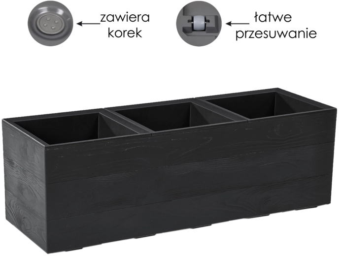 Bloembak Karo Recycled 90 × 30 cm zwart met houtimitatie