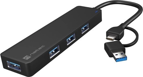 USB-hub NATEC Mayfly 4× USB 3.0 met USB‑C/USB‑A-adapter, zwart