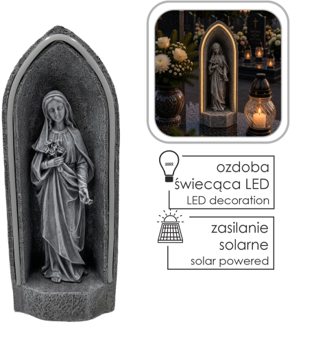 Zonnefiguur van de Heilige Maagd Maria in een kapelletje met ledverlichting