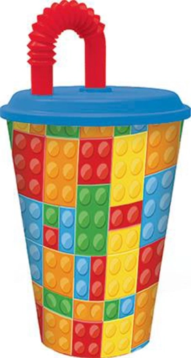 Plastic beker met rietje 430 ml Blokjes