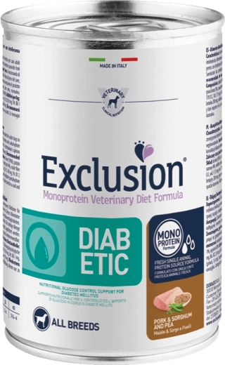 Exclusion Diabetic natvoer voor honden met varkensvlees, sorghum en erwten 400 g