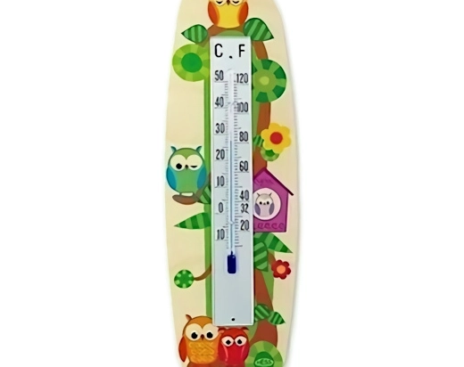 Gekleurde houten thermometer met uilenmotief voor gebruik binnenshuis