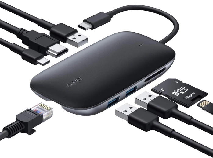 Aukey USB‑C hub 8-in-1 met HDMI 4K, Gigabit Ethernet en Power Delivery 100 W