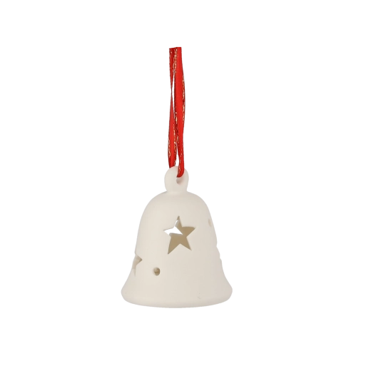 Keramische kerstbel met LED-verlichting, wit, 8 cm