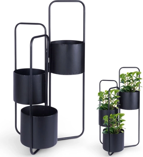 Metalen zwarte plantenstandaard met drie niveaus 33 × 24 × 57 cm